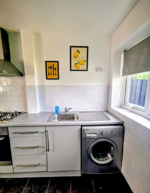 Une petite cuisine équipée d’une cuisinière à gaz, d’un évier, d’un lave-linge et de deux tableaux encadrés accrochés au mur.