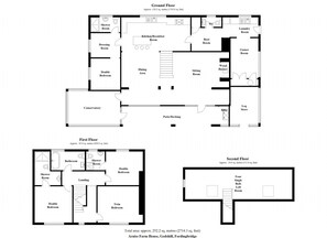 A floor plan of a house with a ground floor, first floor, and second floor, including rooms like a kitchen, dining area, and bedrooms.