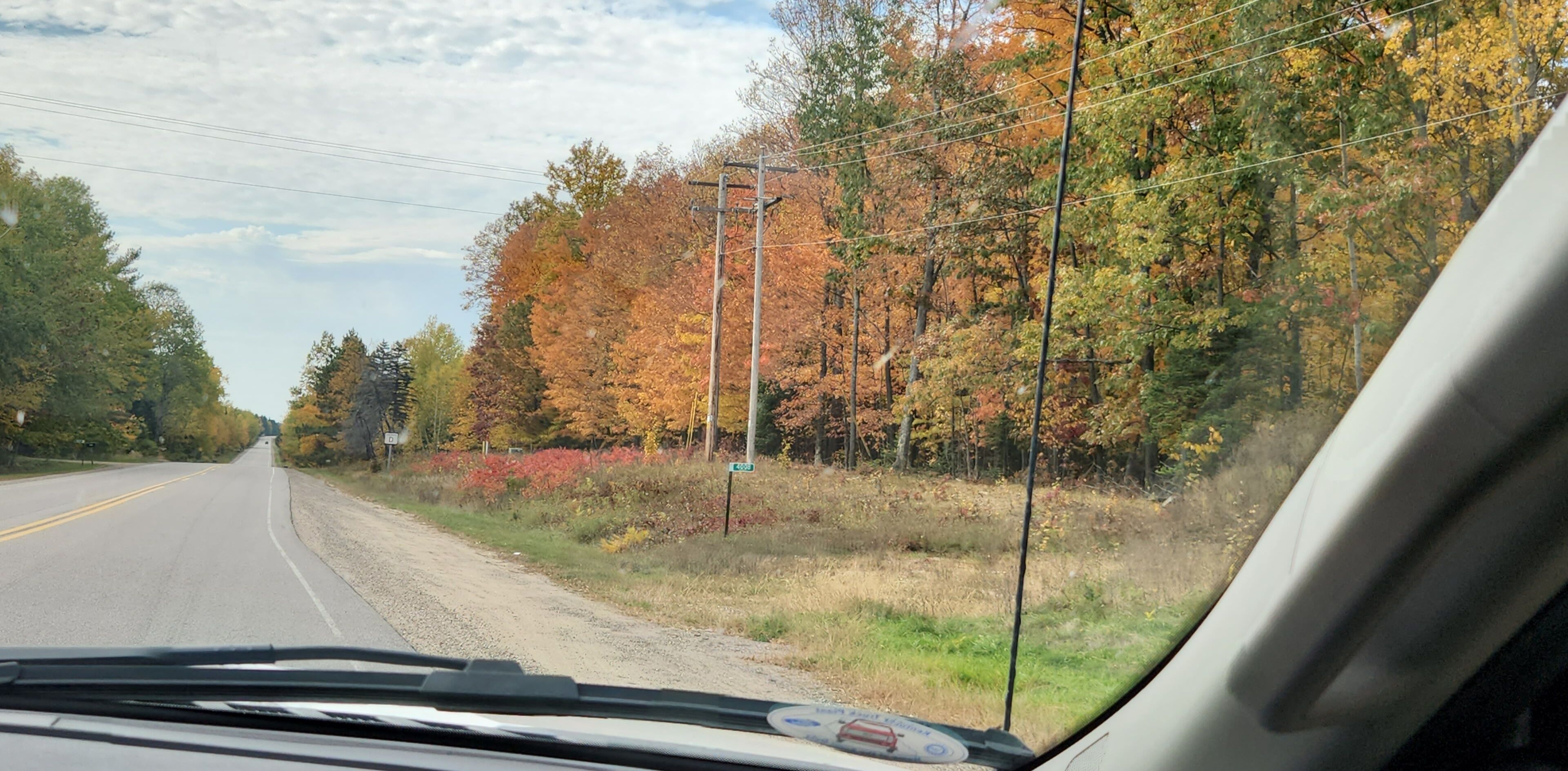 A road with autumn foliage and a clear sky.