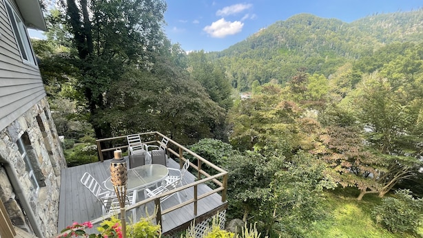 A deck with outdoor furniture overlooking a lush garden and a forested mountain. - Best View in Bat Cave (Hendersonville)