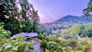 A house with a sloped roof, surrounded by dense forest and hills. - Best View in Bat Cave (Hendersonville)