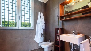 Bathtub, hair dryer, bidet, towels