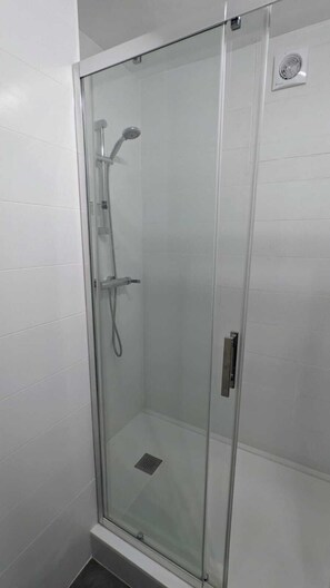 Shower, towels, toilet paper