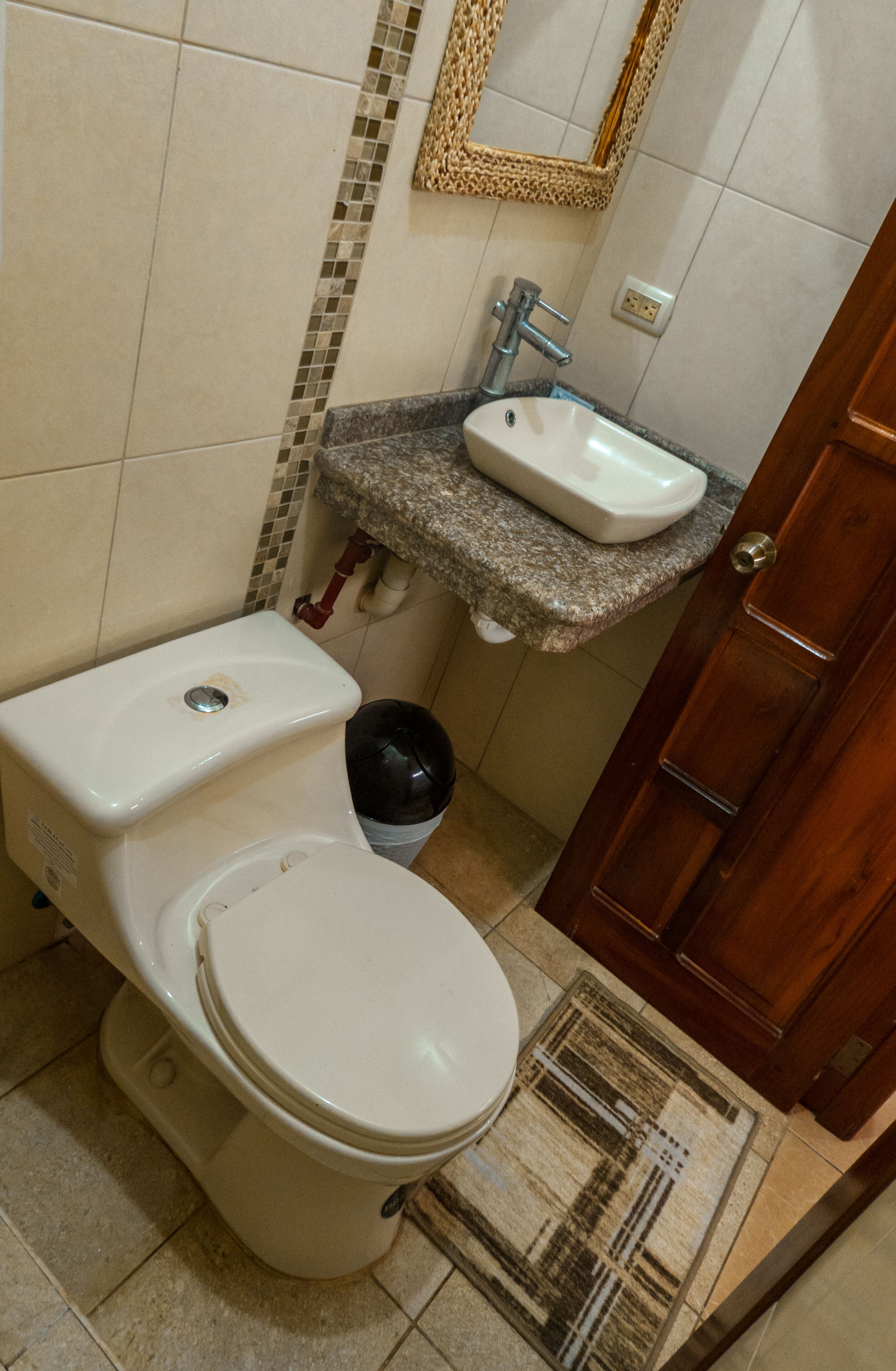 A bathroom with a toilet, sink, and a wooden door.