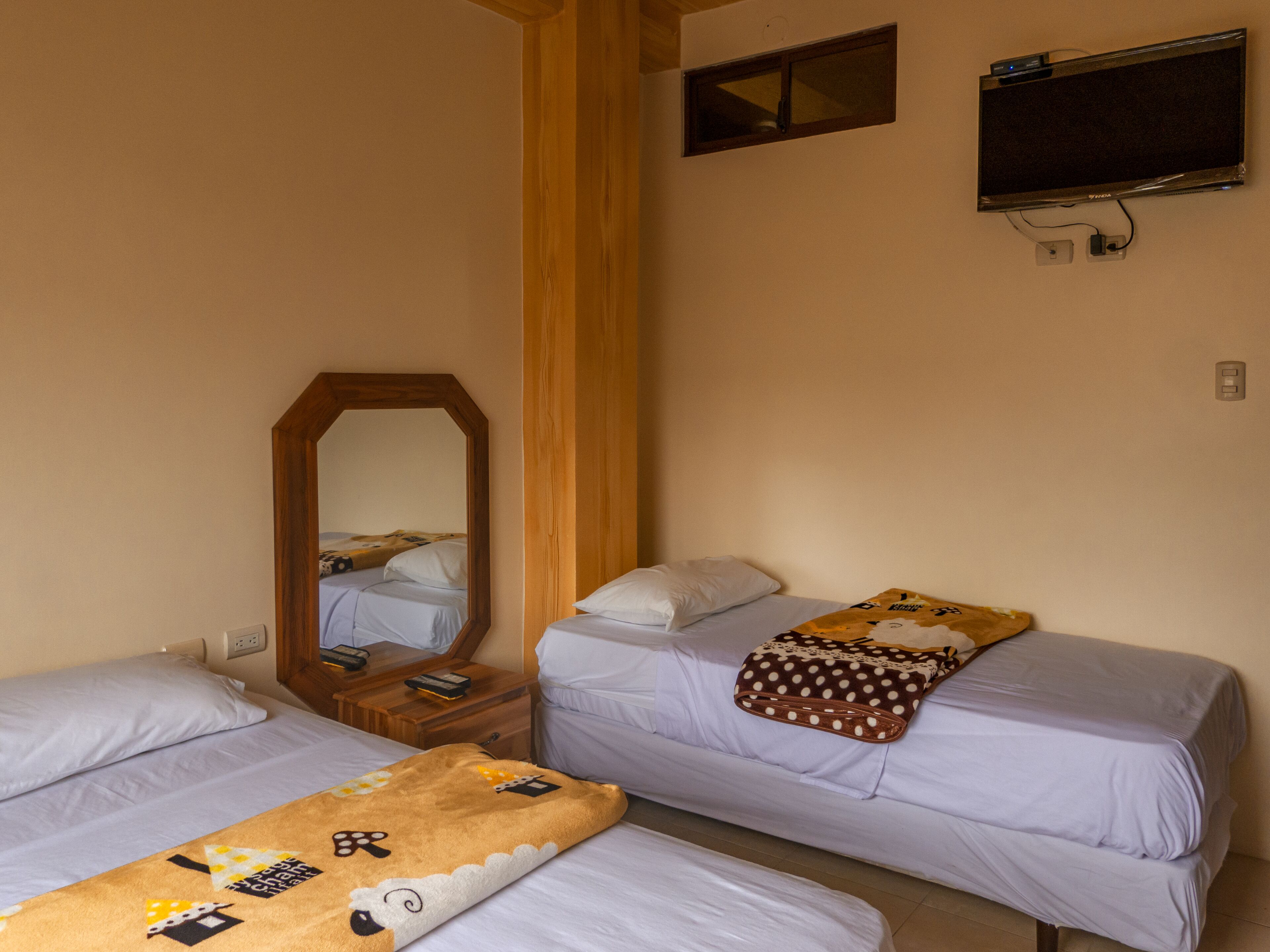 Una habitación con dos camas, una mesita de noche de madera, un espejo y un televisor instalado en la pared.