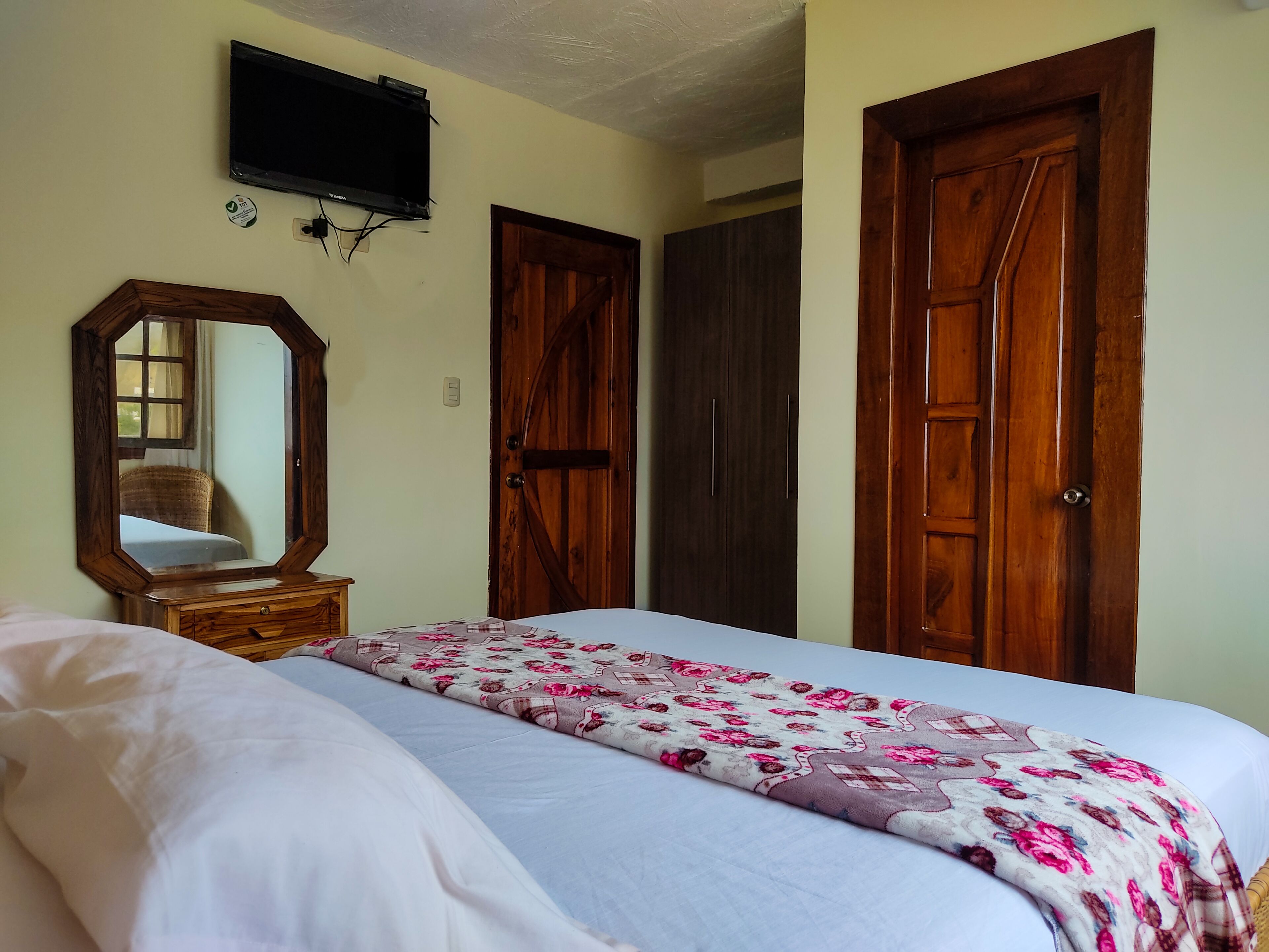 Un dormitorio con una cama, un armario de madera, un espejo y un televisor montado en la pared.