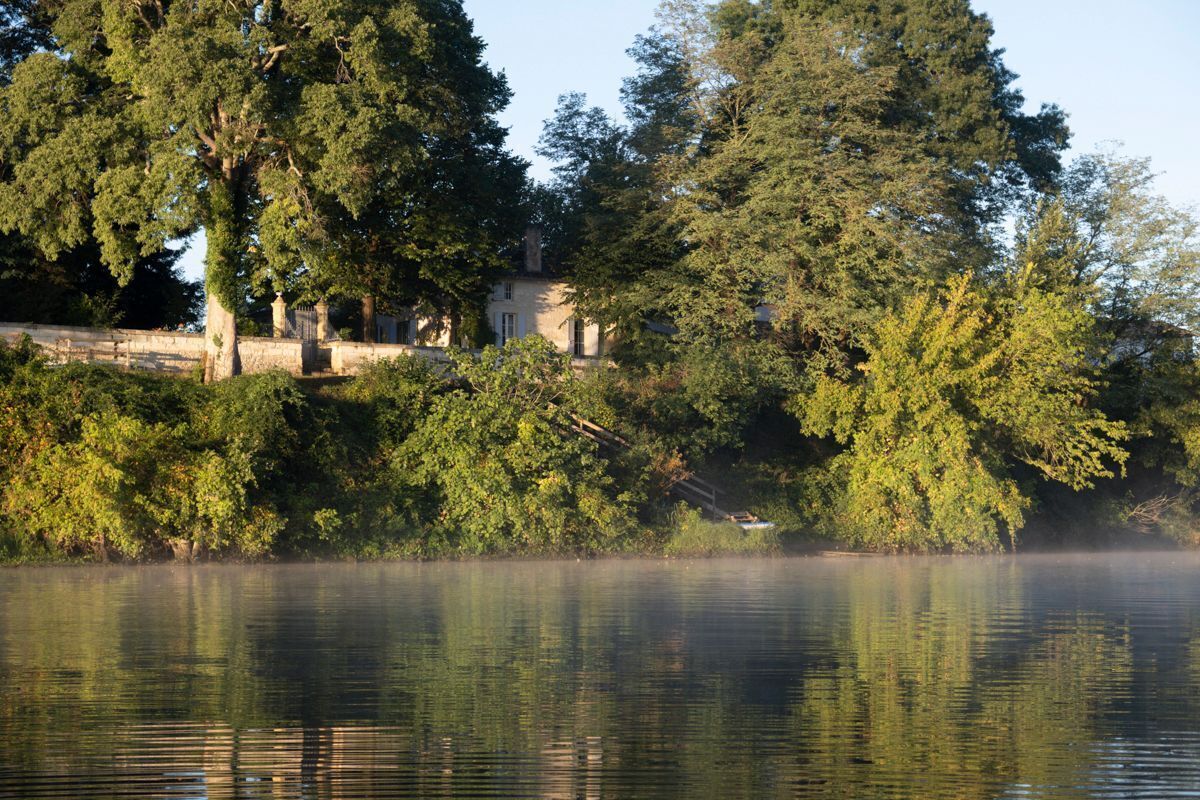 Una escena tranquila junto al lago, con una casa rodeada de exuberante vegetación y árboles.