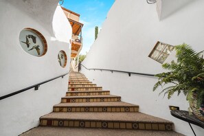 Un escalier orné de carreaux décoratifs, des murs blancs et des fenêtres rondes ornées d’illustrations d’oiseaux.