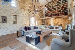 TV connectée, cheminée, lecteur de DVD, livres