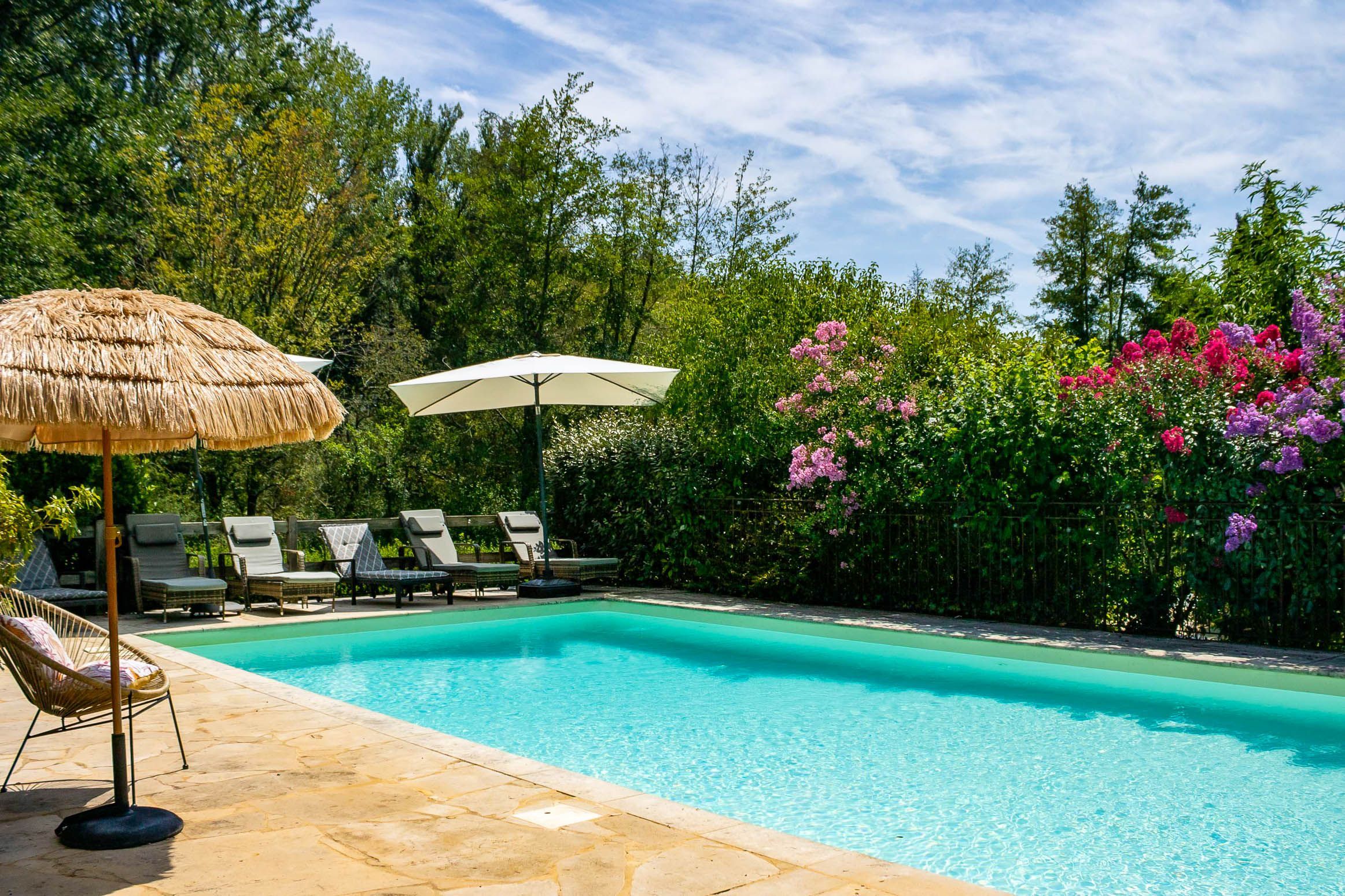 A swimming pool with lounge chairs and umbrellas, surrounded by lush greenery and flowering plants.