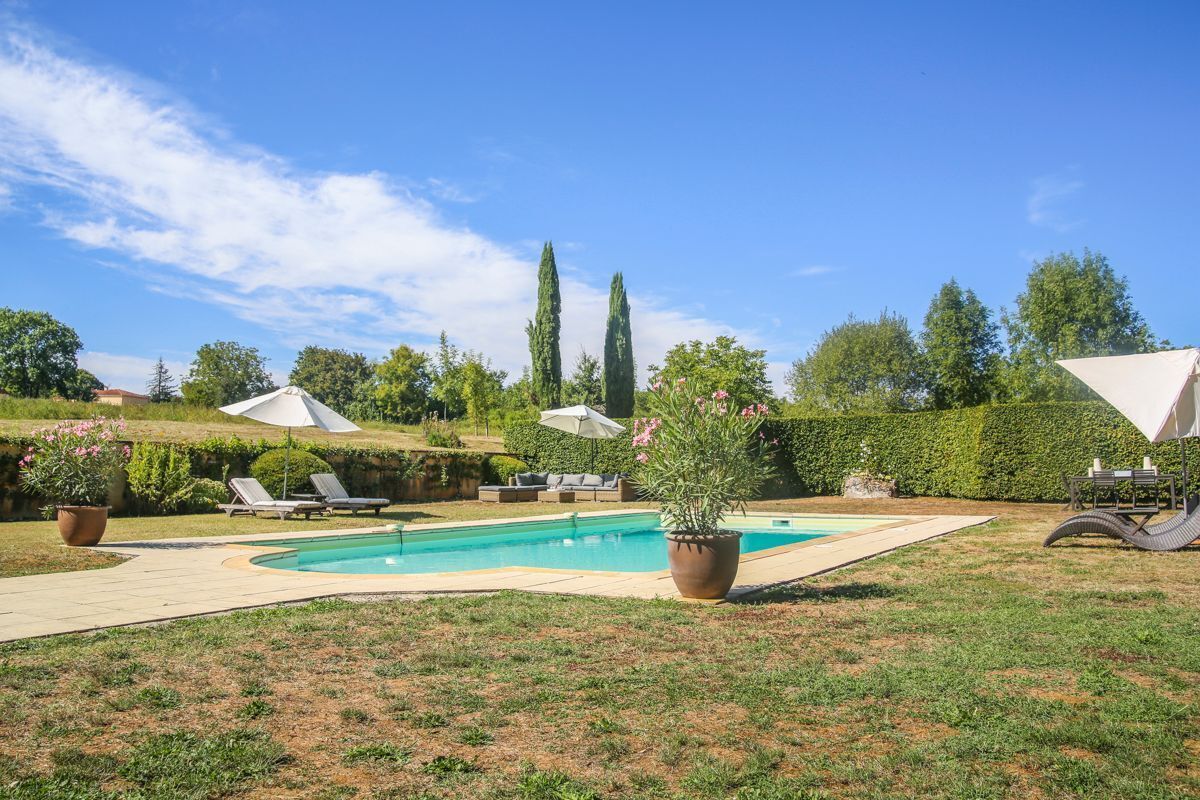 A backyard with a swimming pool, lounge chairs, and potted plants.