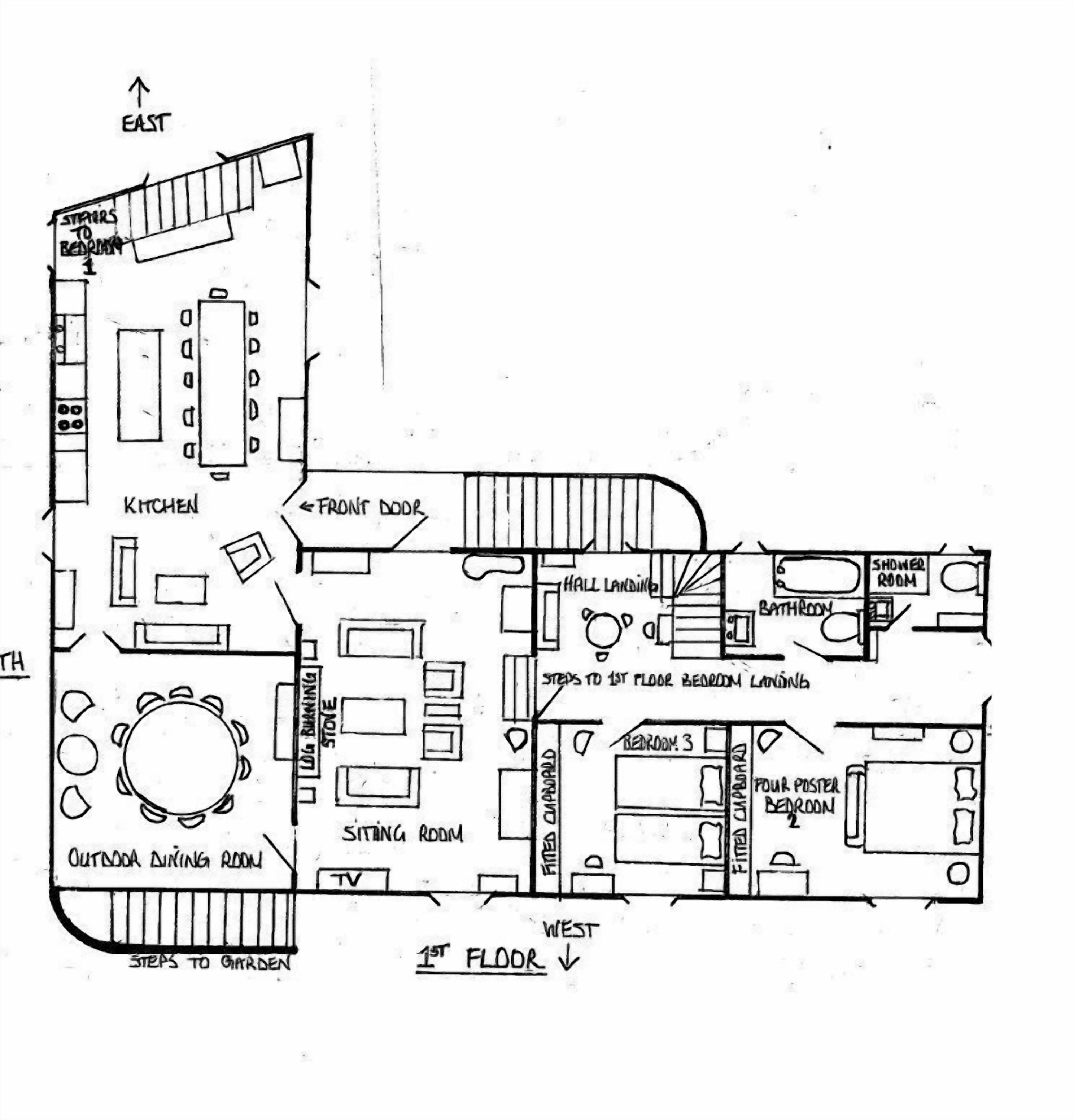 A floor plan of a hotel with a kitchen, dining room, sitting room, and multiple bedrooms.