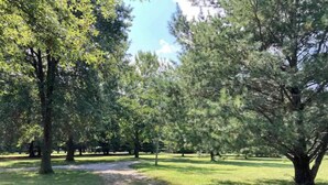 A park with a dirt path and trees.