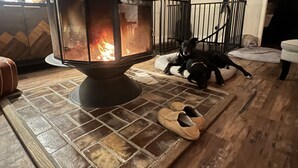 A fireplace with a dog lying on a rug beside it.