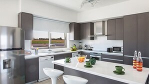 A modern kitchen with a large window, stainless steel appliances, and a central island with green cups and bottles. - Villa Jason - Six Bedroom Villa, Sleeps 12 (Paralimni)