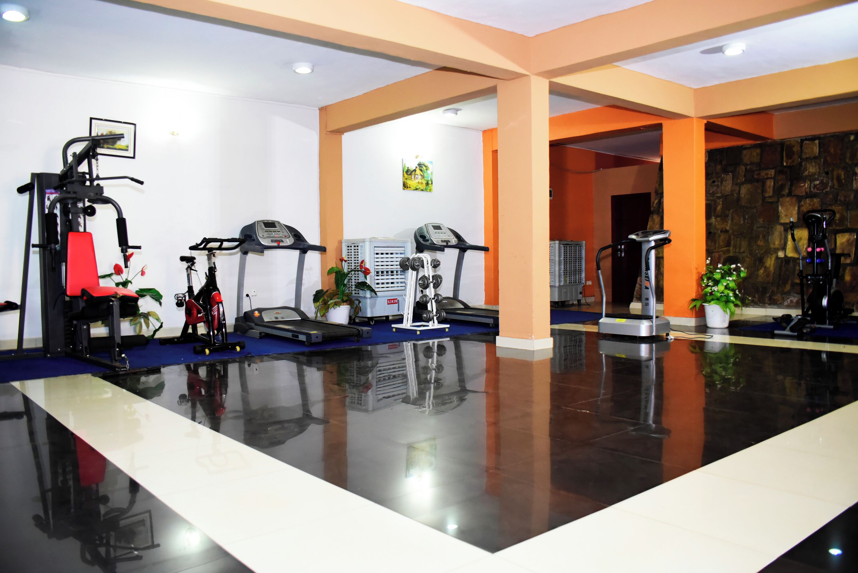 A gym with exercise equipment, a polished floor, and orange walls.