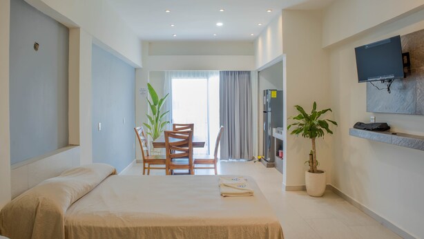 A hotel room with a bed, a desk, chairs, a potted plant, a television, and a bathroom visible through an open door.