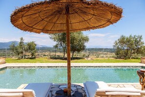 Un espace aménagé au bord de la piscine, avec un parasol en chaume, des chaises longues et une vue sur un paysage arboré et montagneux.