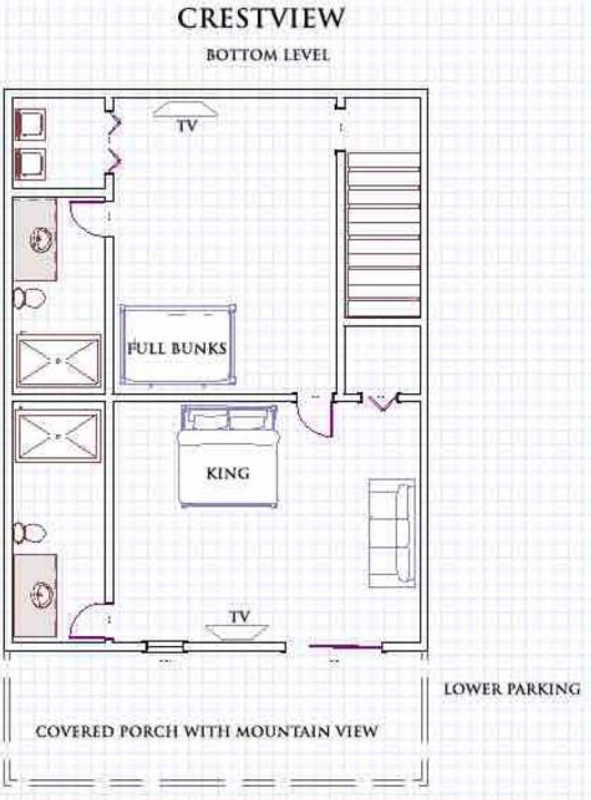 Plan d’étage de la maison Crestview, comprenant un porche couvert, un espace de stationnement au sous-sol et une chambre à coucher avec un très grand lit.