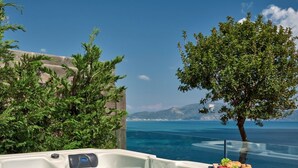 Ein Whirlpool mit Blick auf das Meer und einen Baum.