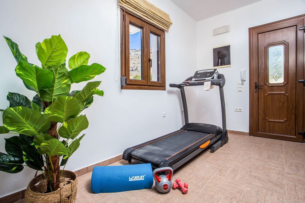 Ein Zimmer mit Laufband, blauer Yogamatte, Kettlebells und einer großen, grünen Pflanze.