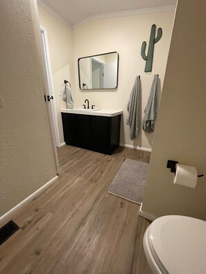 Combined shower/bathtub, hair dryer, towels, soap