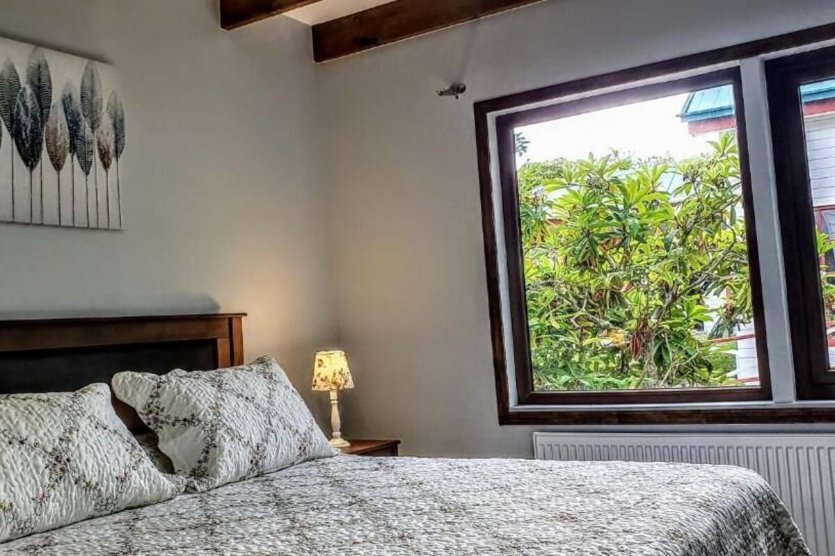 A bedroom with a bed, a nightstand, a lamp, a window with a view of greenery, and a wall-mounted artwork.