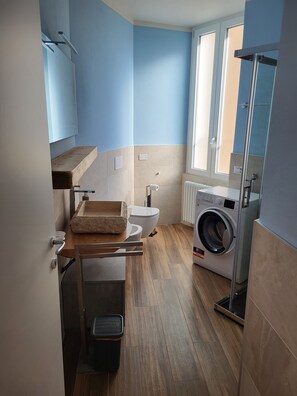 Shower, hair dryer, bidet, towels