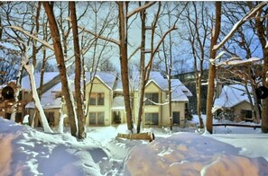 Winter wonderland surrounds this two-story home, nestled among snow-covered trees.