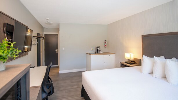 Habitación de hotel con cama, escritorio, silla, televisor y una kitchenette pequeña.