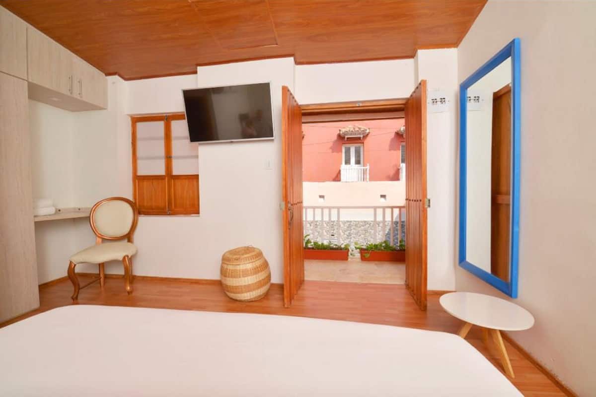 A bedroom with a bed, a chair, a small table, a television, and a balcony with plants.
