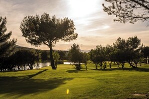 Escape to a serene natural oasis with a tranquil body of water and lush greenery.