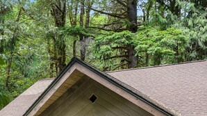 Eine Hütte mit Veranda, zwei Adirondack-Stühlen und einer Holzterrasse.