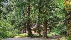 Ein rustikales Blockhaus, umgeben von dichtem Wald.