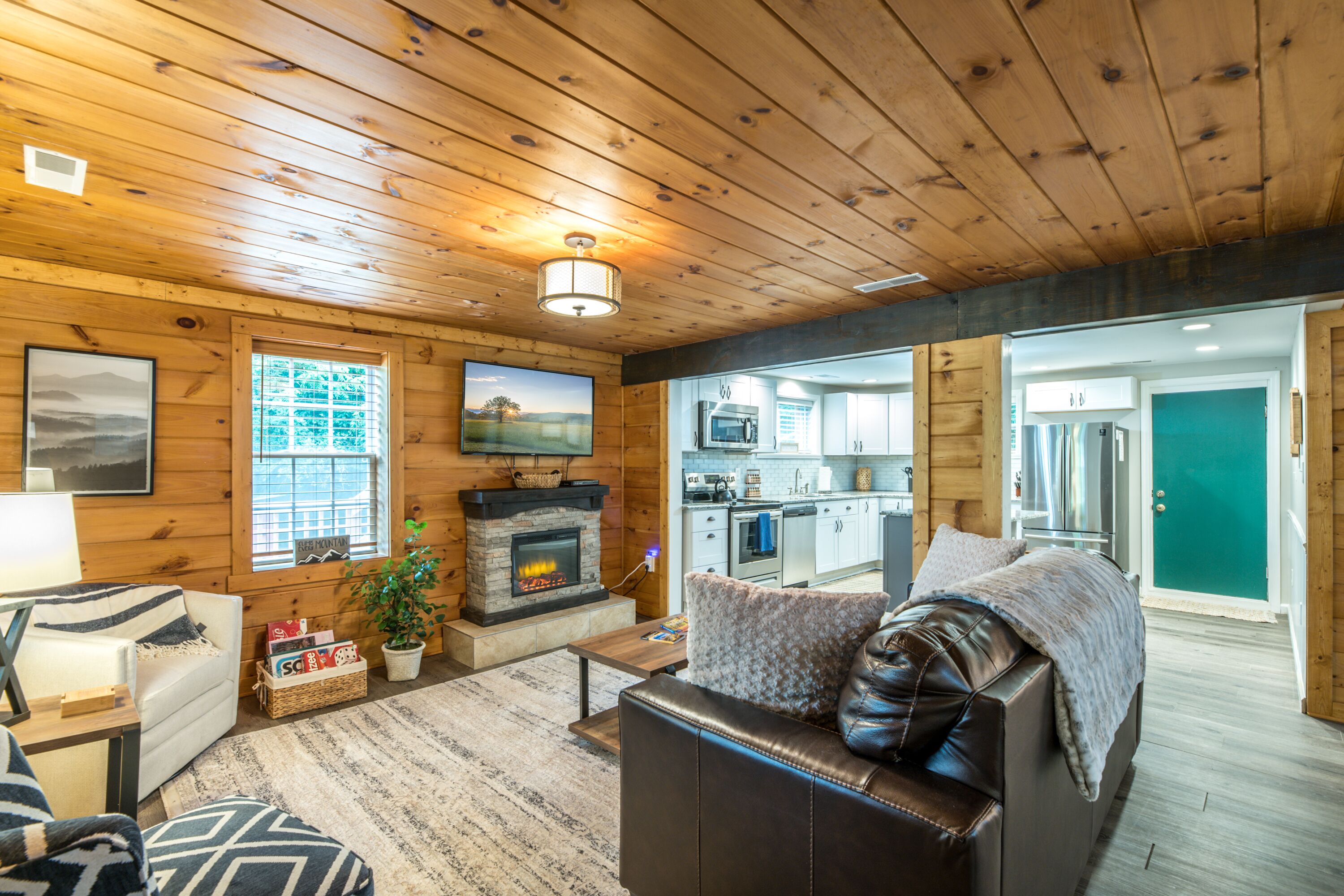 TV, fireplace, books