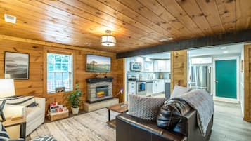 TV, fireplace, books