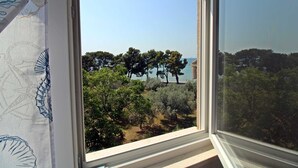 A view from a window overlooking a coastal area with trees and a clear sky.