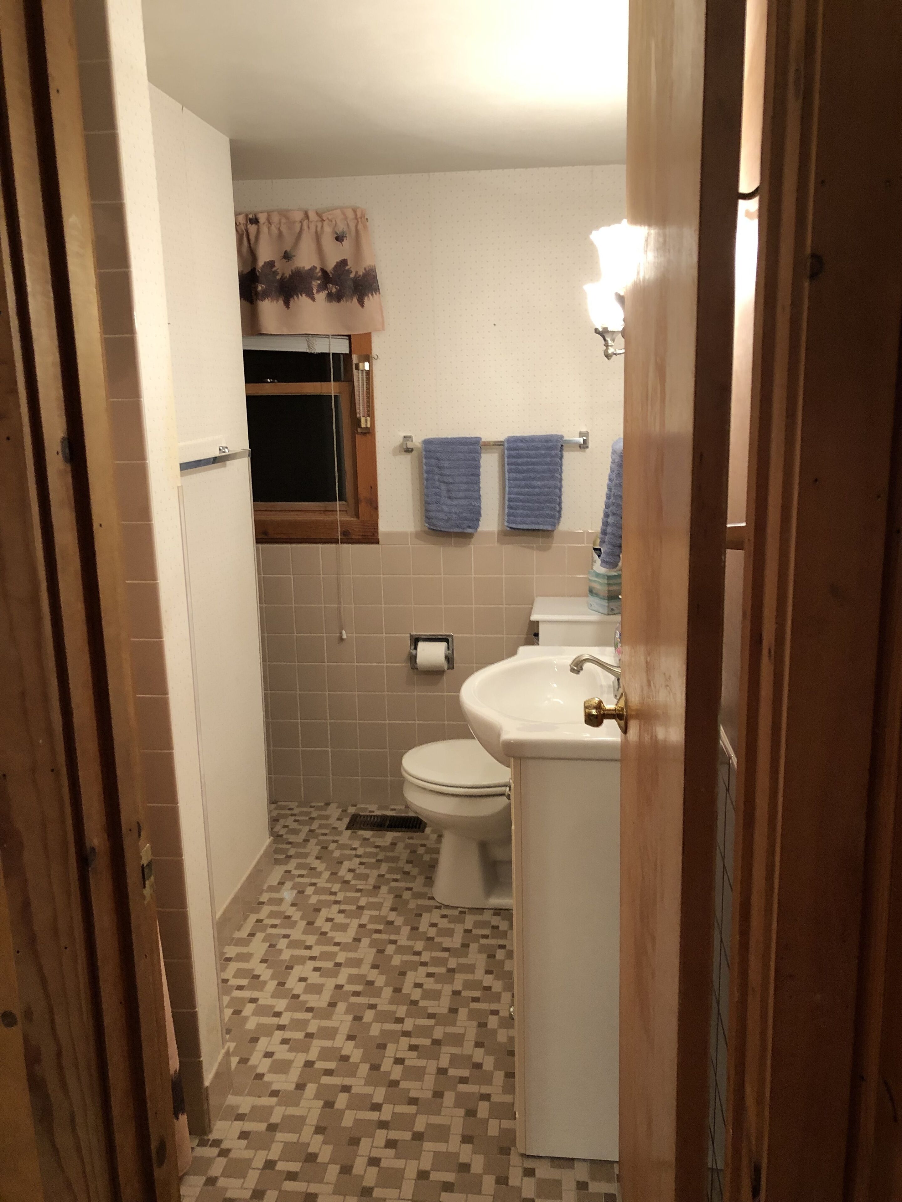 Kylpyhuoneessa on wc, pesuallas ja suihku. Seinällä on kaksi pyyhettä.