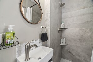 Chuveiro, secador de cabelo, toalhas de banho, sabonete