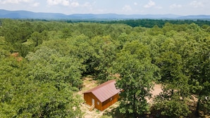 A wooden cabin surrounded by dense forest with a clear view of distant mountains. - Escape to cozy 2-bedroom cabin near Ouachita Forest 4 min drive away (Mena)