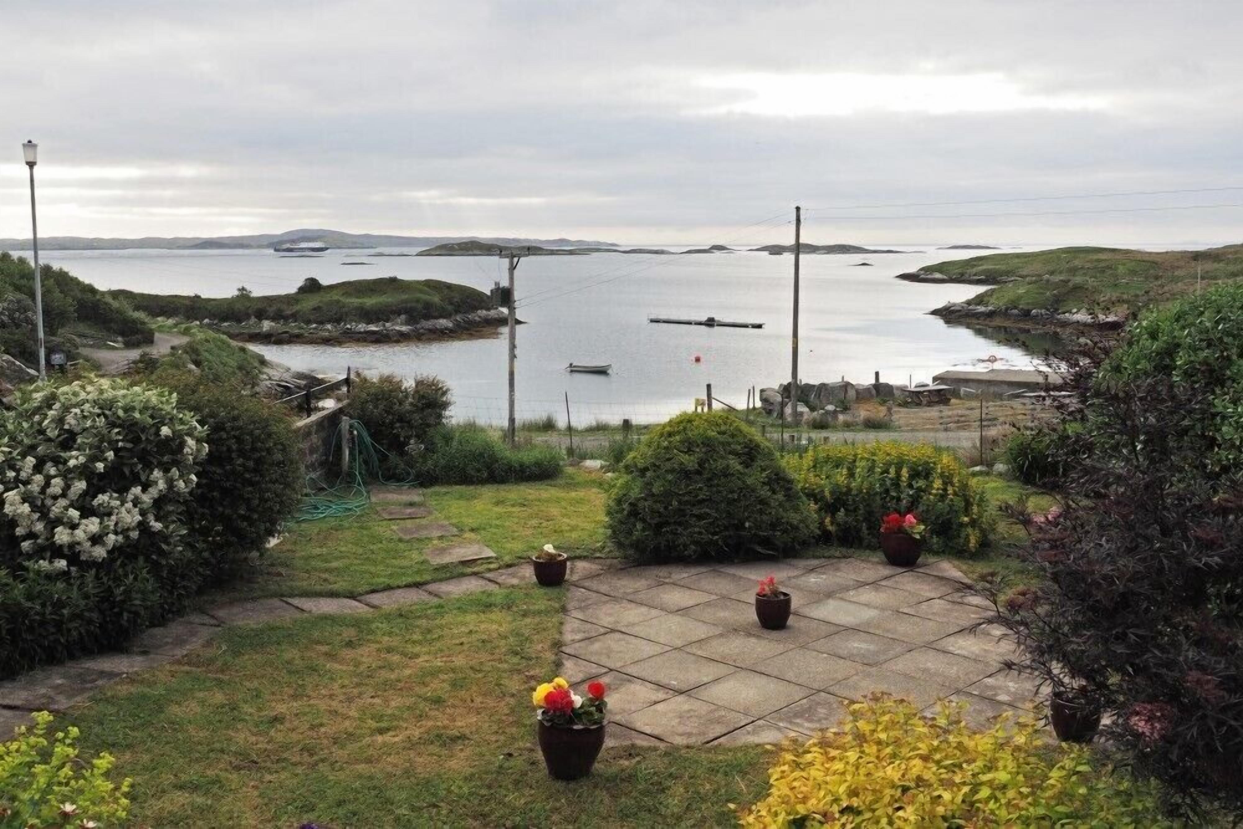 A garden with a view of a body of water, a paved area, and some potted plants.