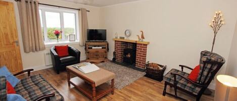 A cozy living room with a fireplace, a sofa, a coffee table, and a television.