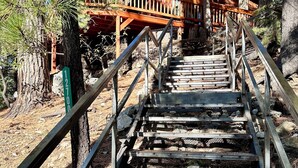 Eine Holztreppe führt zu einer Hütte mit Metallgeländer, umgeben von Bäumen.