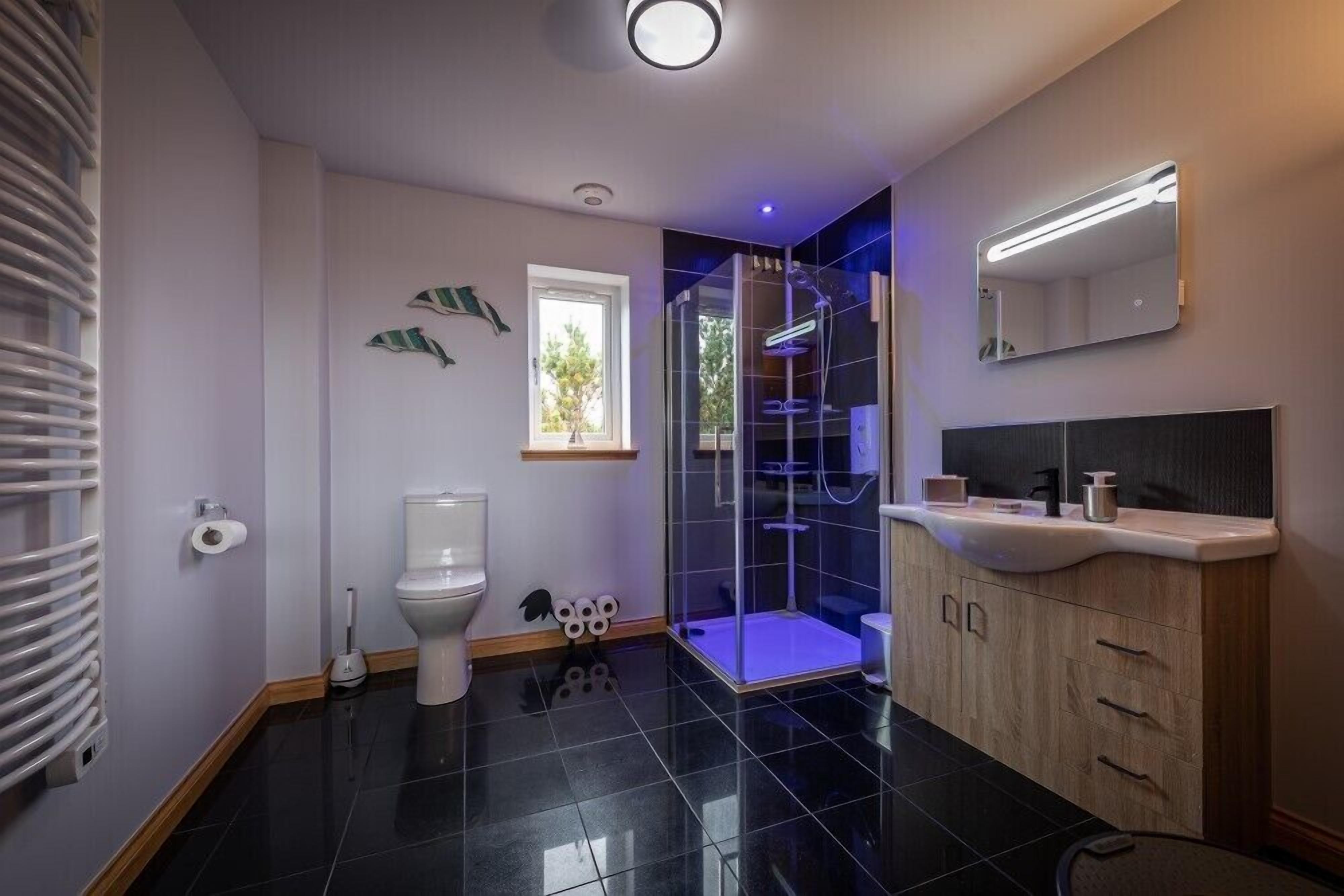 Un baño moderno con inodoro, ducha, tocador y un espejo grande.