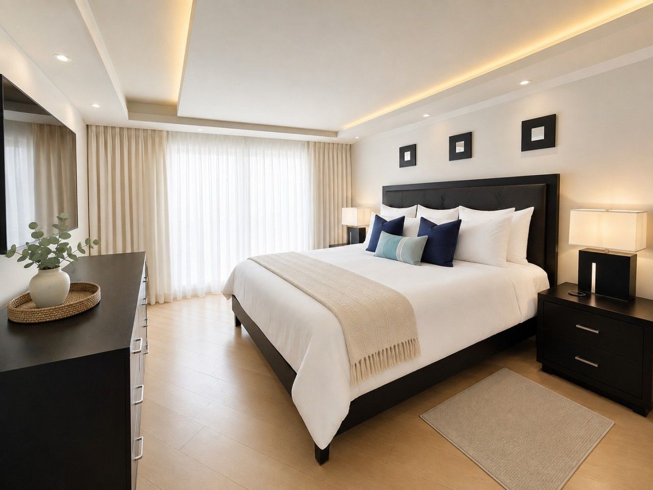 A modern hotel room with a large bed, bedside tables, a desk, and a large window with curtains.