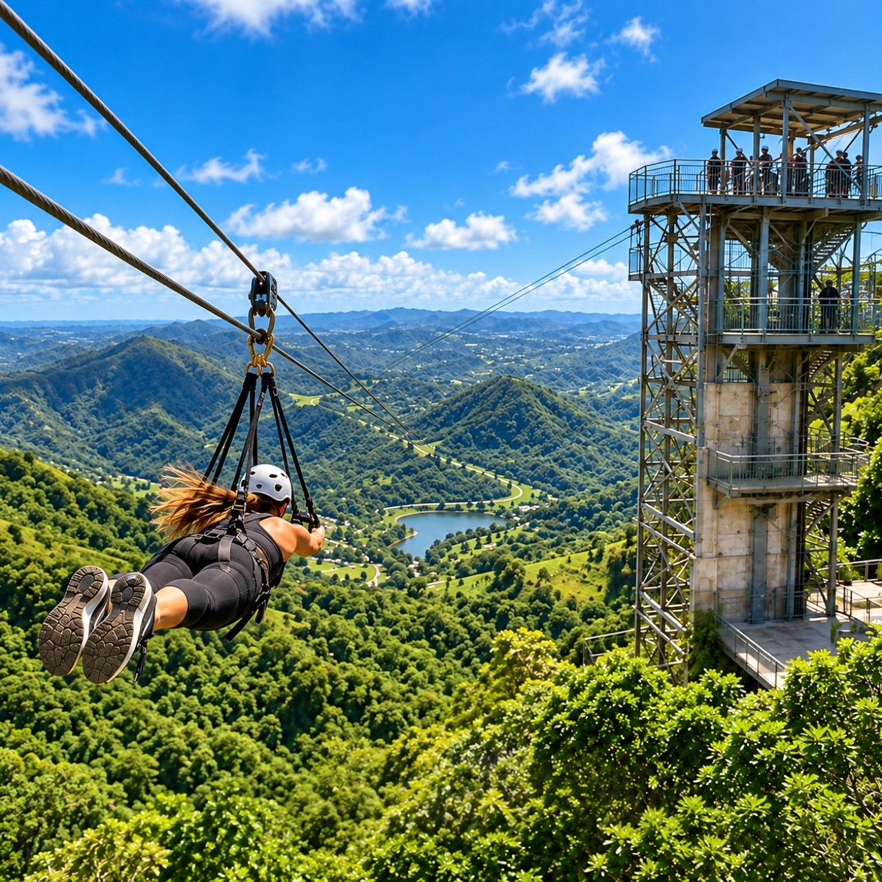Uma pessoa praticando tirolesa sobre um vale exuberante, com uma torre de controle ao fundo.