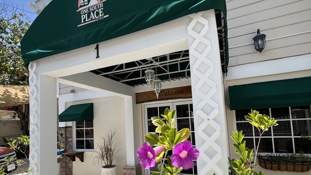 Ein Hotel mit Eingangsbereich, einer grünen Markise, einem Willkommensschild und Topfpflanzen.