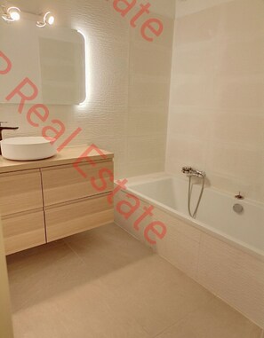 Bathtub, hair dryer, toilet paper