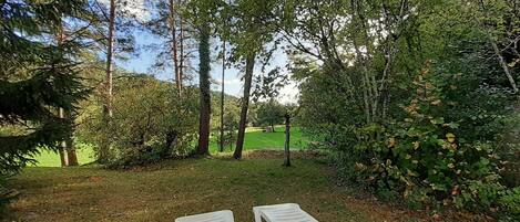 Een tuin met twee witte lounge fauteuils, omringd door bomen en gazon.