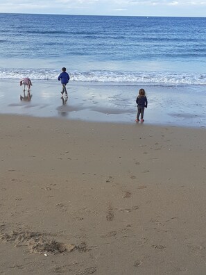 A beach with footprints in the sand, a horse, and two children playing near the water.